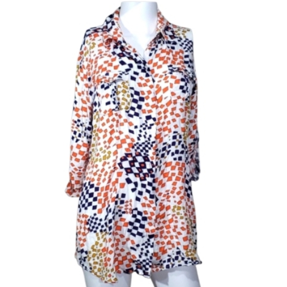 CAbi Navy Orange Geometric Print 3/4 Sleeve Button Up Shirt Size M. - Picture 2 of 15
